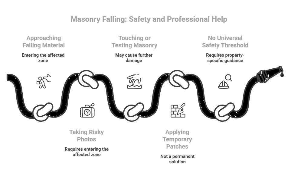Safety infographic warns against approaching falling masonry, touching unstable areas, taking risky photos, applying temporary patches, or relying on universal thresholds.