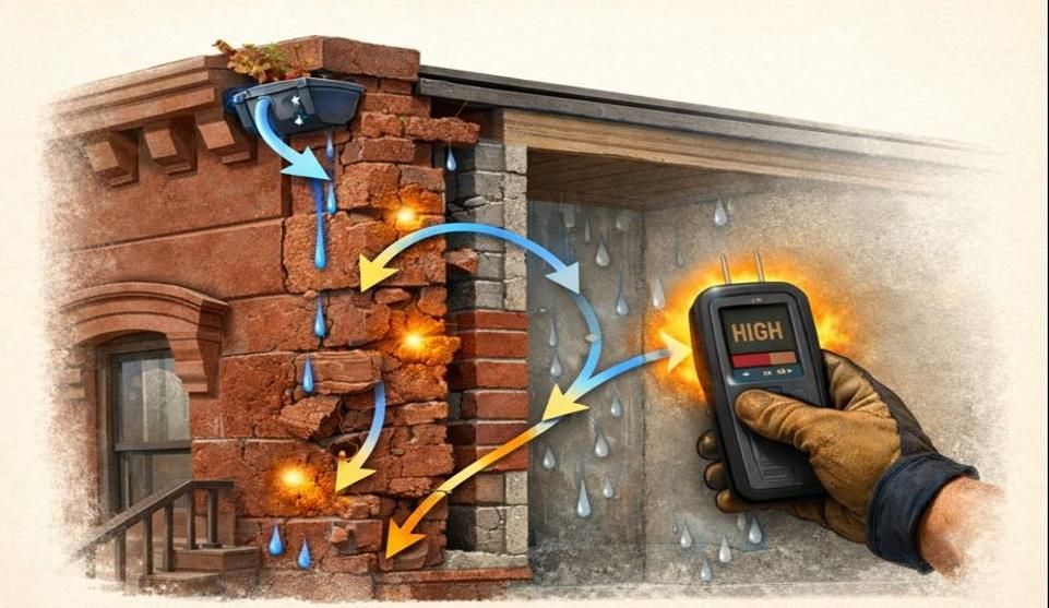 Brownstone cross-section showing water flow from clogged gutter to spalling areas; meter reads high.