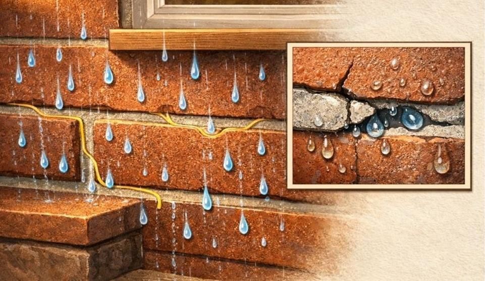 Illustration of mortar channels shedding water from a brownstone façade, preventing spalling.