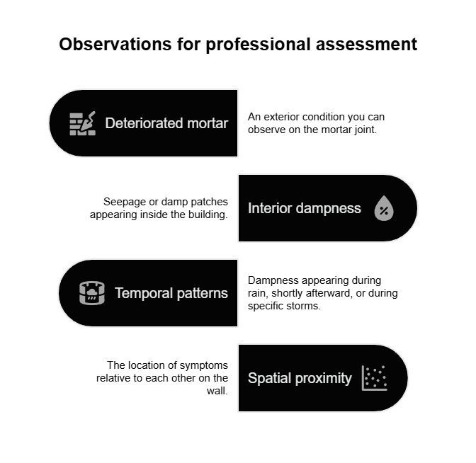 Professional masonry assessment infographic showing deteriorated mortar, interior dampness, rain-related timing patterns, and the spatial proximity of symptoms inside and outside the wall.
