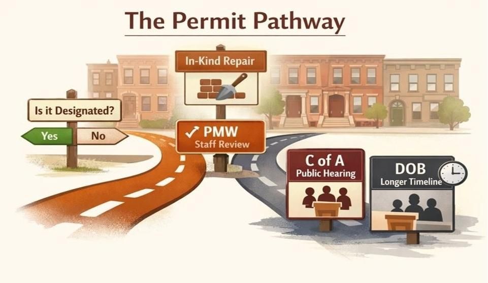 Decision flow: Is it designated? Leads to PMW (staff review) or C of A/DOB (public review).