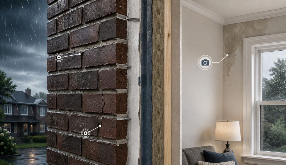 Cutaway brick wall in rain showing mortar defects and an interior damp patch for assessment.