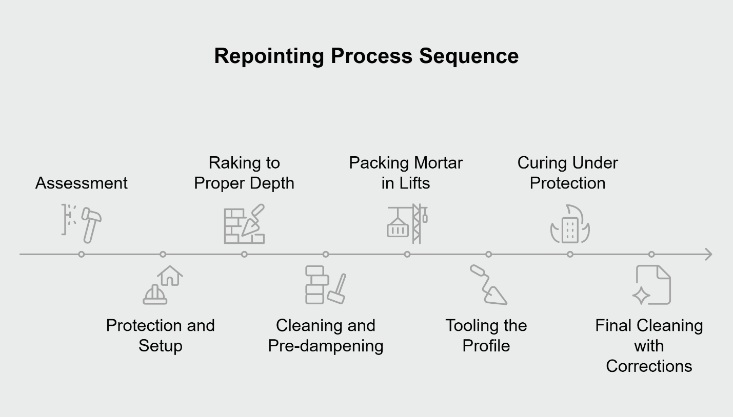 Repairing process sequence diagram with five steps: assessment, preparation, repairs, curing.