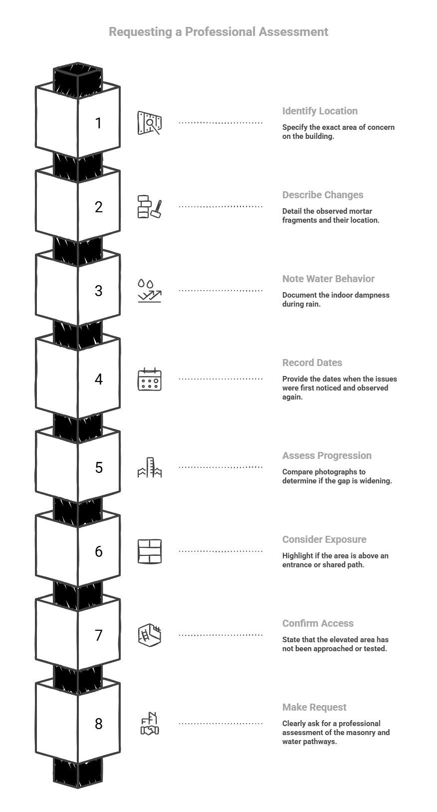 Eight-step checklist for requesting a professional masonry assessment, covering location, mortar changes, moisture, dates, progression, exposure, access, and inspection.