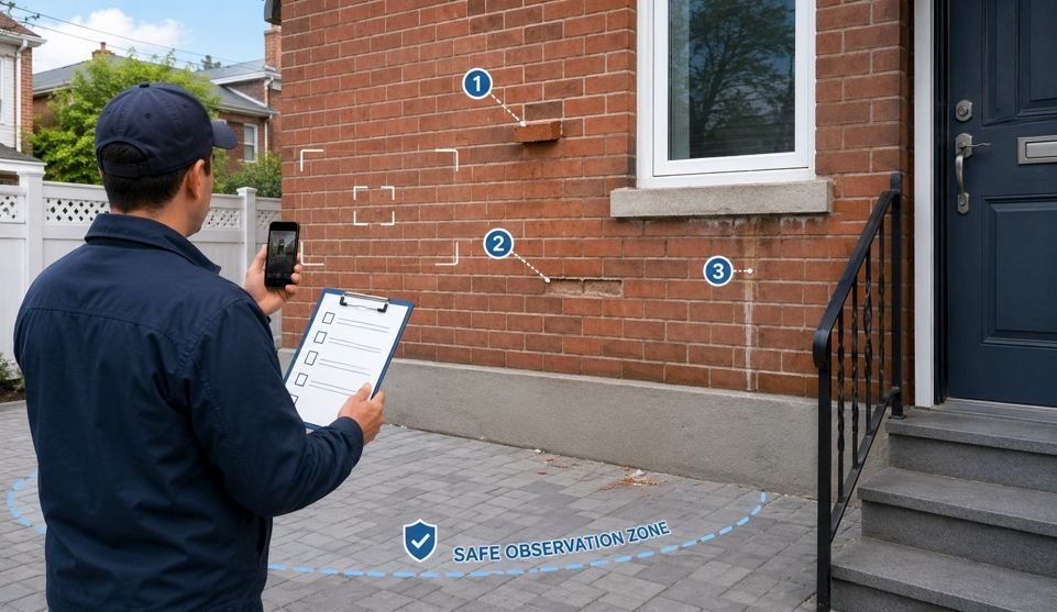 Homeowner photographs brick wall issues from a safe distance with checklist in hand.