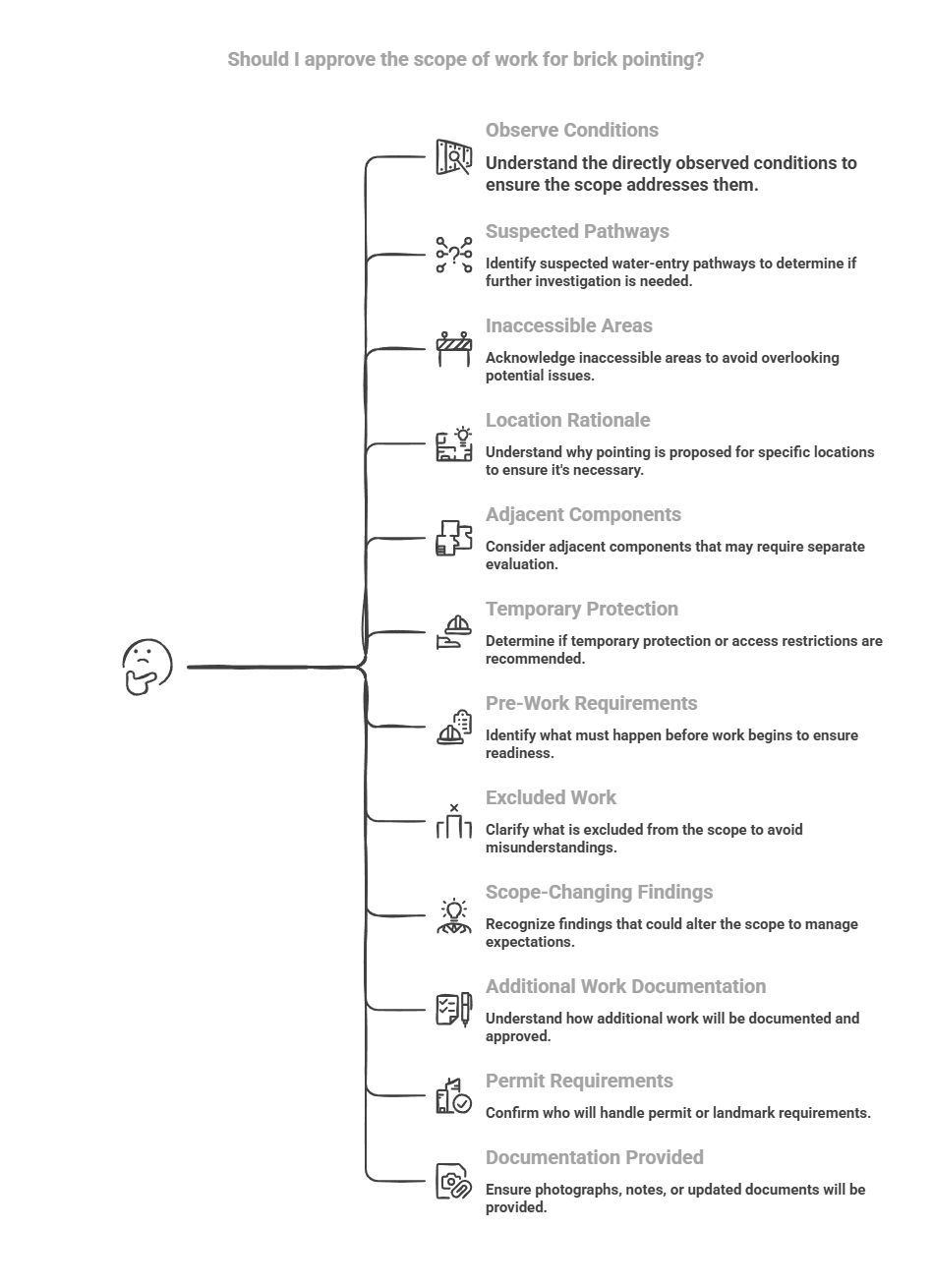 Brick pointing scope checklist covering observed conditions, water pathways, inaccessible areas, adjacent components, permits, exclusions, documentation, and approval of added work.