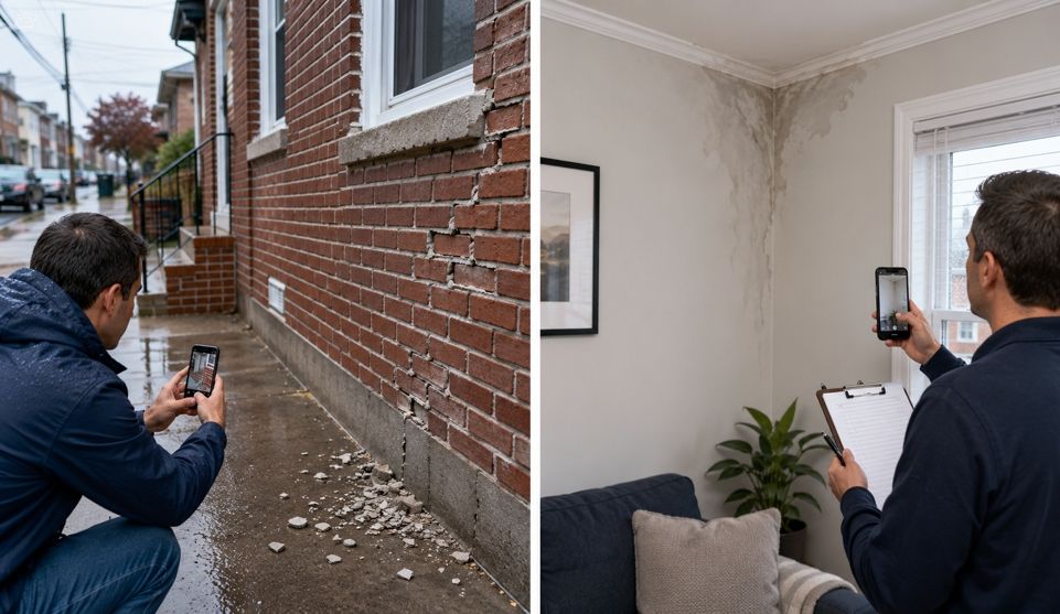 Split view of crumbling brick wall outdoors and interior water stain being documented.