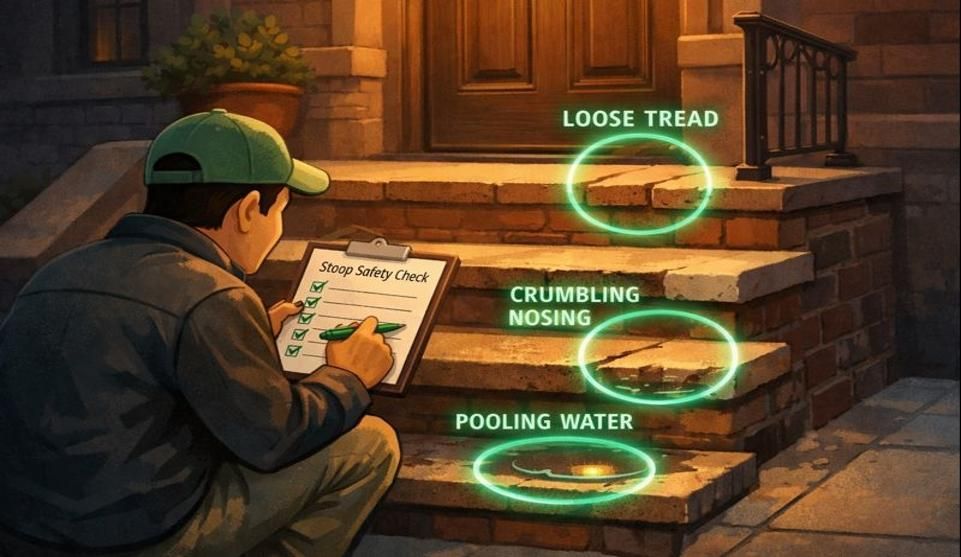 Stylized brownstone stoop with checklist highlighting loose treads, crumbling edge, pooling water.