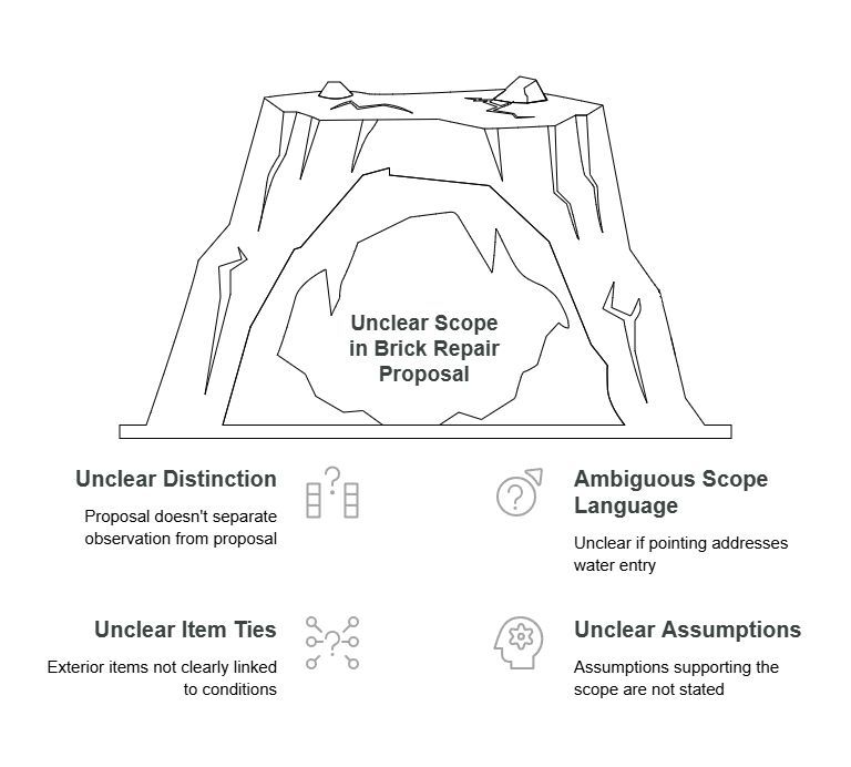 Brick repair proposal infographic showing unclear distinctions, ambiguous scope language, unlinked exterior items, and unstated assumptions that can make the proposed work difficult to evaluate.