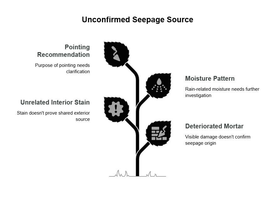 Masonry seepage infographic showing an unconfirmed water source, deteriorated mortar, rain-related moisture, an unrelated interior stain, and a pointing recommendation needing clarification.