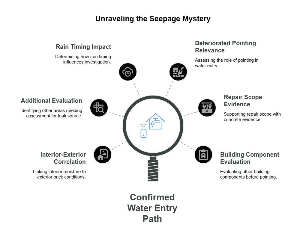 Seepage investigation infographic showing rain timing, deteriorated pointing, interior-exterior moisture correlation, repair evidence, and building evaluation used to confirm a water-entry path.