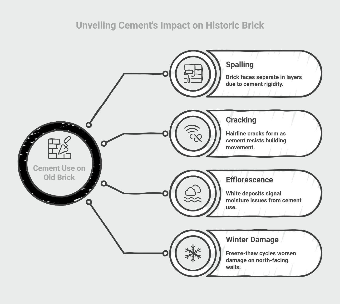 Cement on old brick infographic showing spalling, chipping, efflorescence, and winter damage.