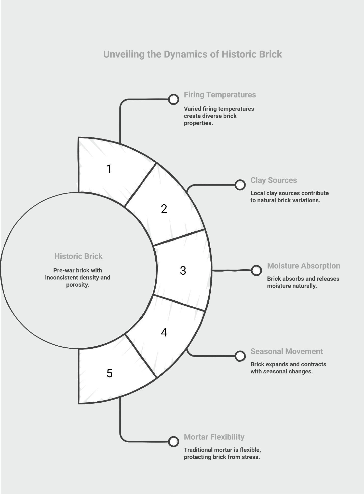 Circular infographic showing brick lifecycle steps around a central brick.