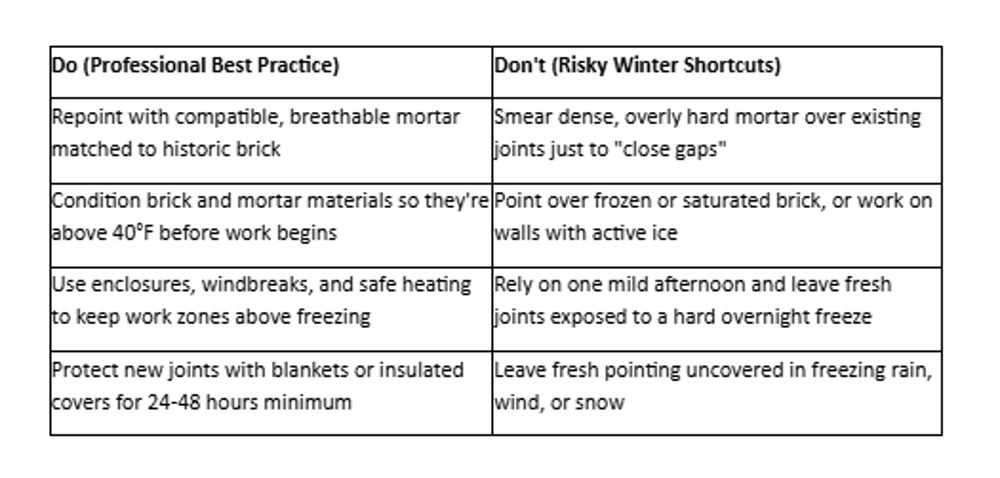 Table comparing do’s and don’ts for winter masonry work safety and materials handling.