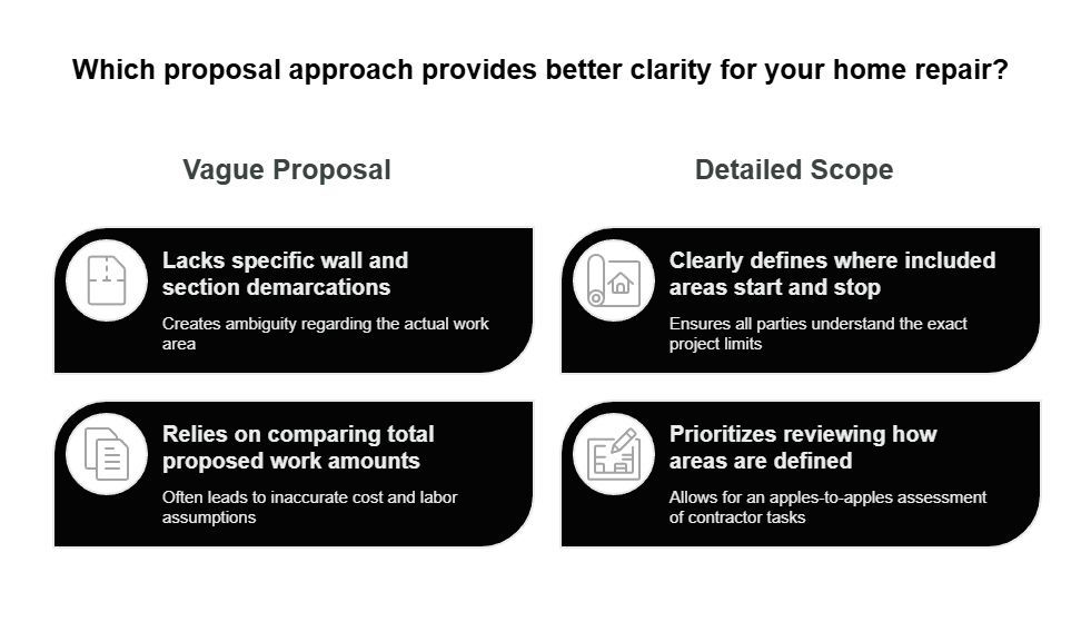 Home repair proposal comparison showing how vague scopes create ambiguity, while detailed scopes clearly define work areas and support accurate contractor comparisons.