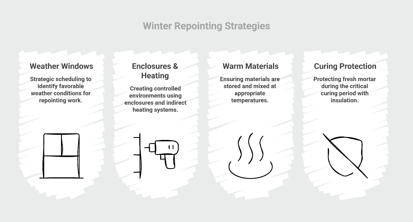 Winter roofing strategies: weather windows, enclosure and heat, warm materials, curing protection icons