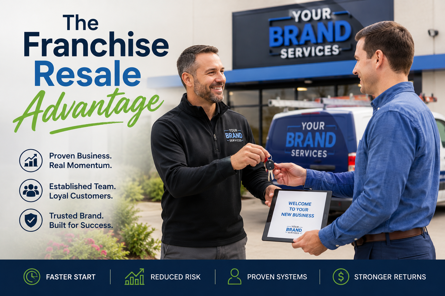 Two men shake hands beside a sign reading “he Franchise Resale Advantage and Your Brand Services.