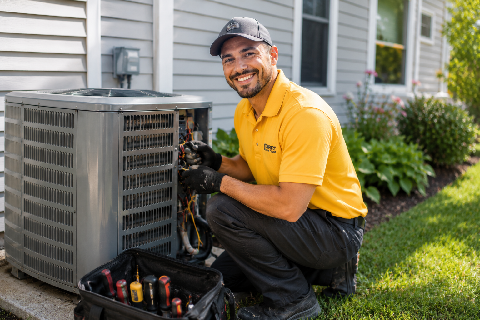 Technician kneeling beside an outdoor HVAC unit, smiling while servicing it with tools nearby.