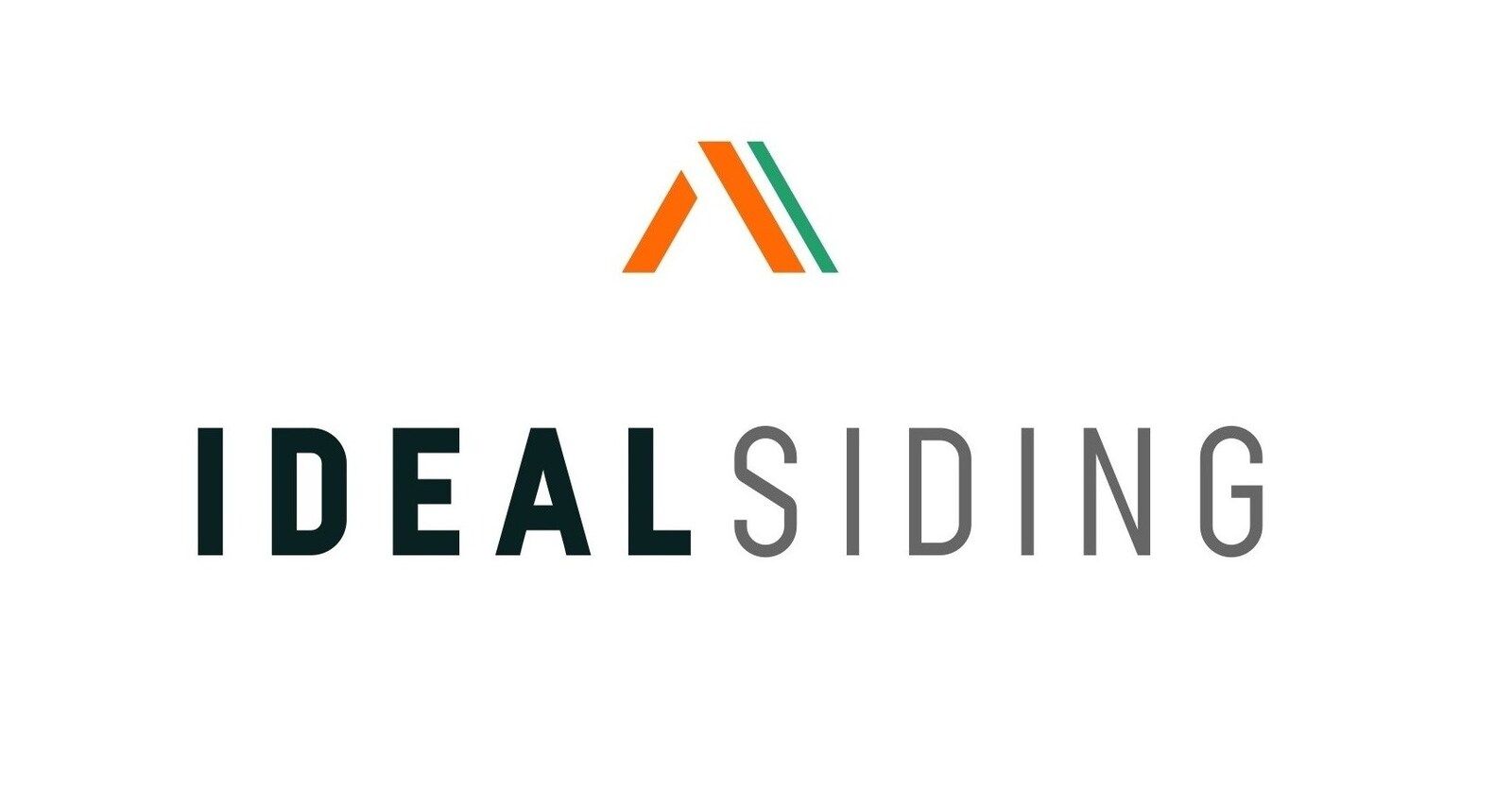 Ideal Siding logo with orange roof icon and black-and-gray text on white background