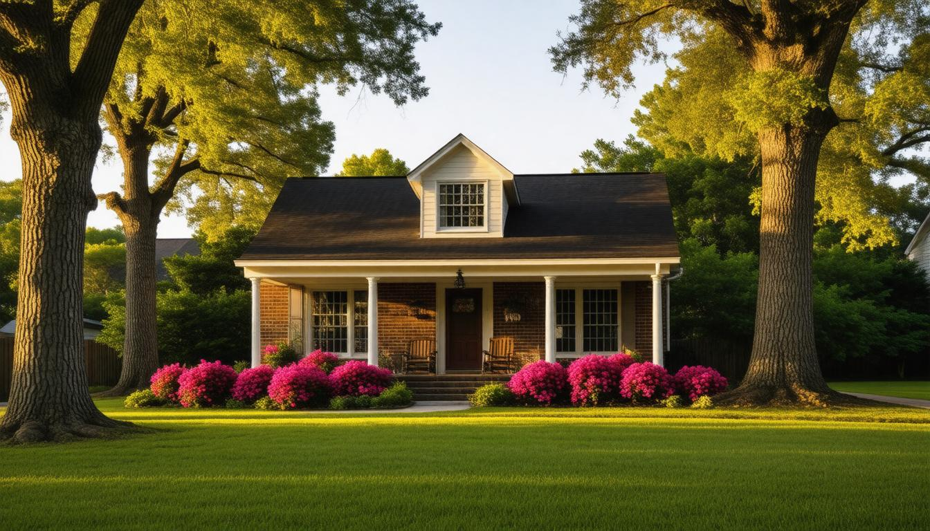 A house with a porch and pink flowers in front of it