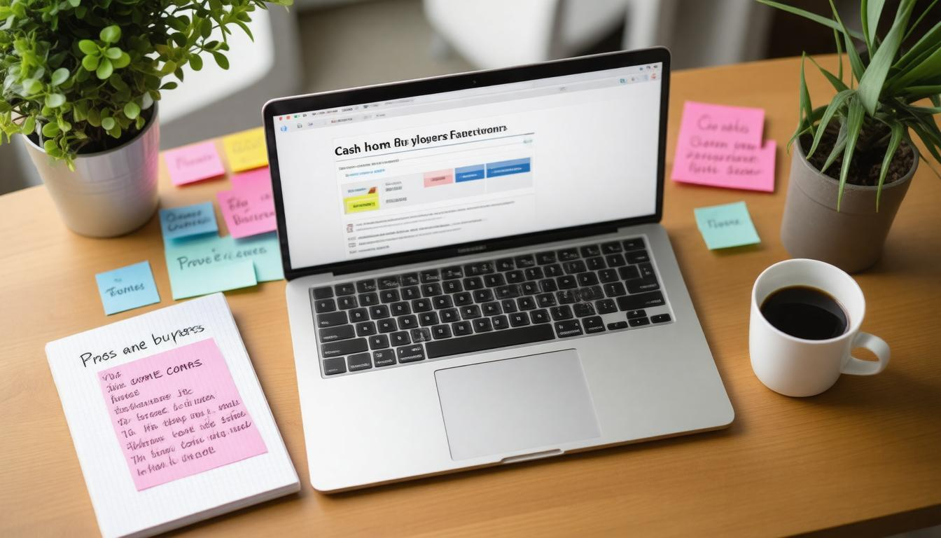 A laptop computer is open on a wooden desk with sticky notes and a cup of coffee.