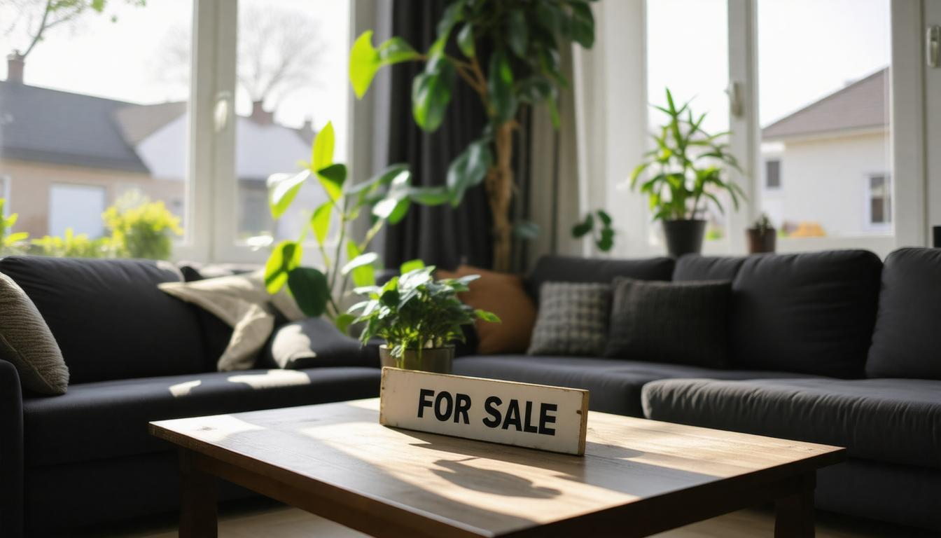 A living room with a couch and a table with a for sale sign on it.