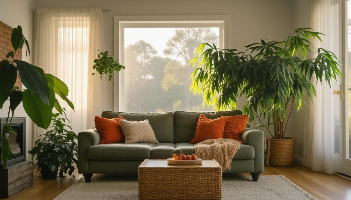 A living room with a couch , coffee table , plants and a window.