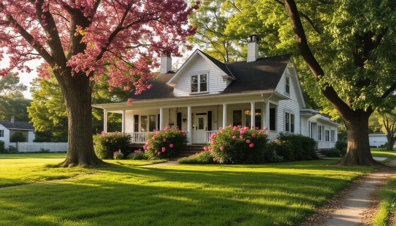 A white house with a porch and trees in front of it