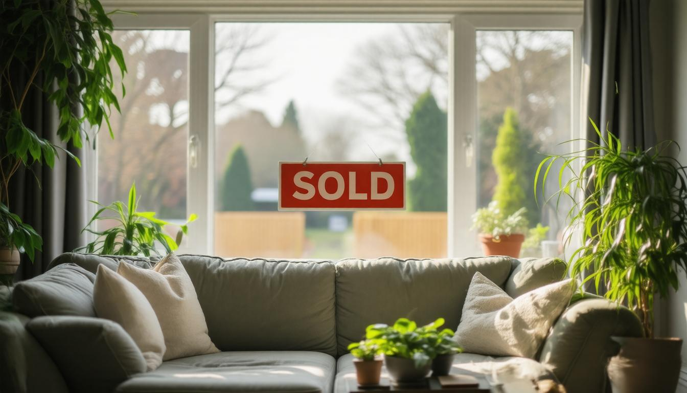 A living room with a couch and a sold sign on the window.