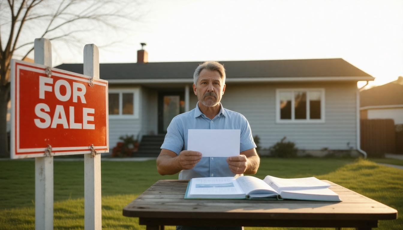 A man is holding a piece of paper in front of a for sale sign.