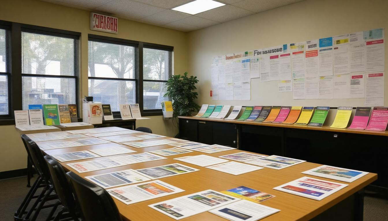 A long table with a lot of papers on it