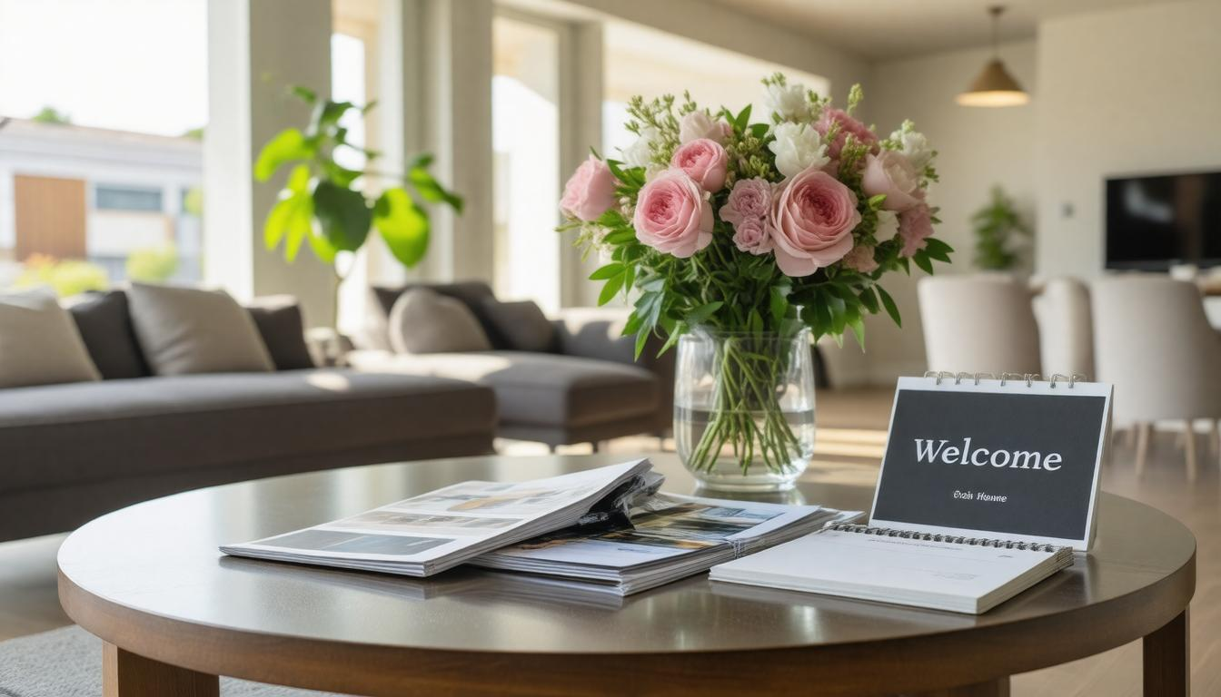 A welcome sign is sitting on a table next to a vase of flowers.