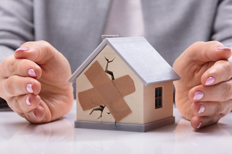 A woman is holding a model house with a bandage on it