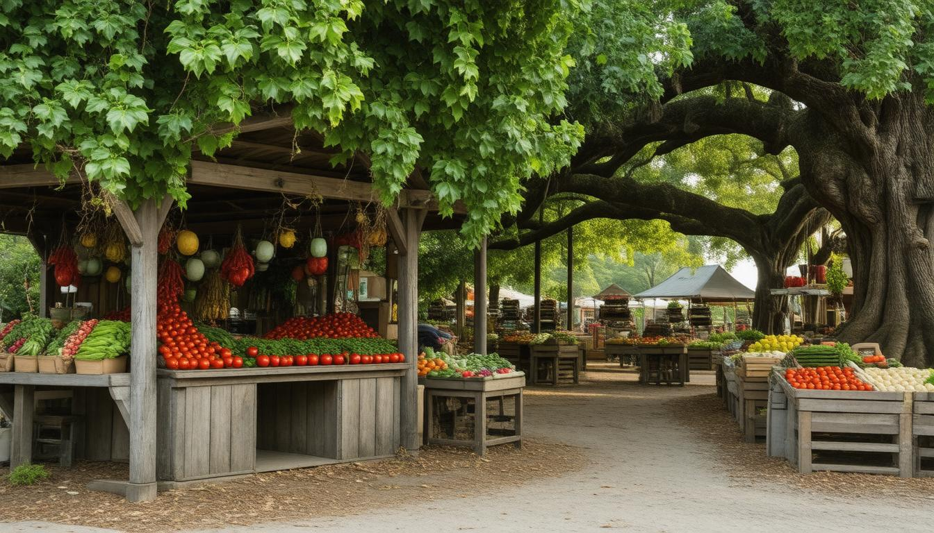 A farmers market with lots of fruits and vegetables under a tree.