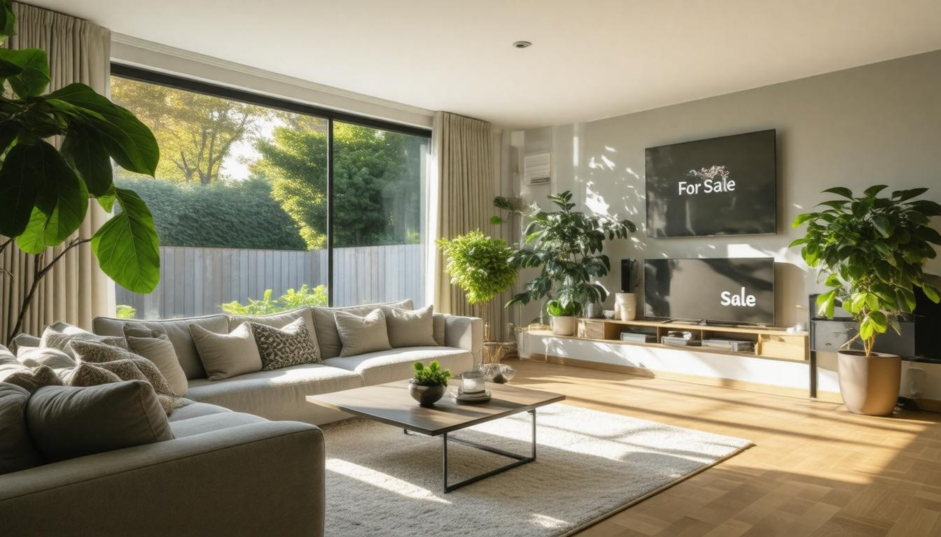 A living room with a couch , coffee table , and television.