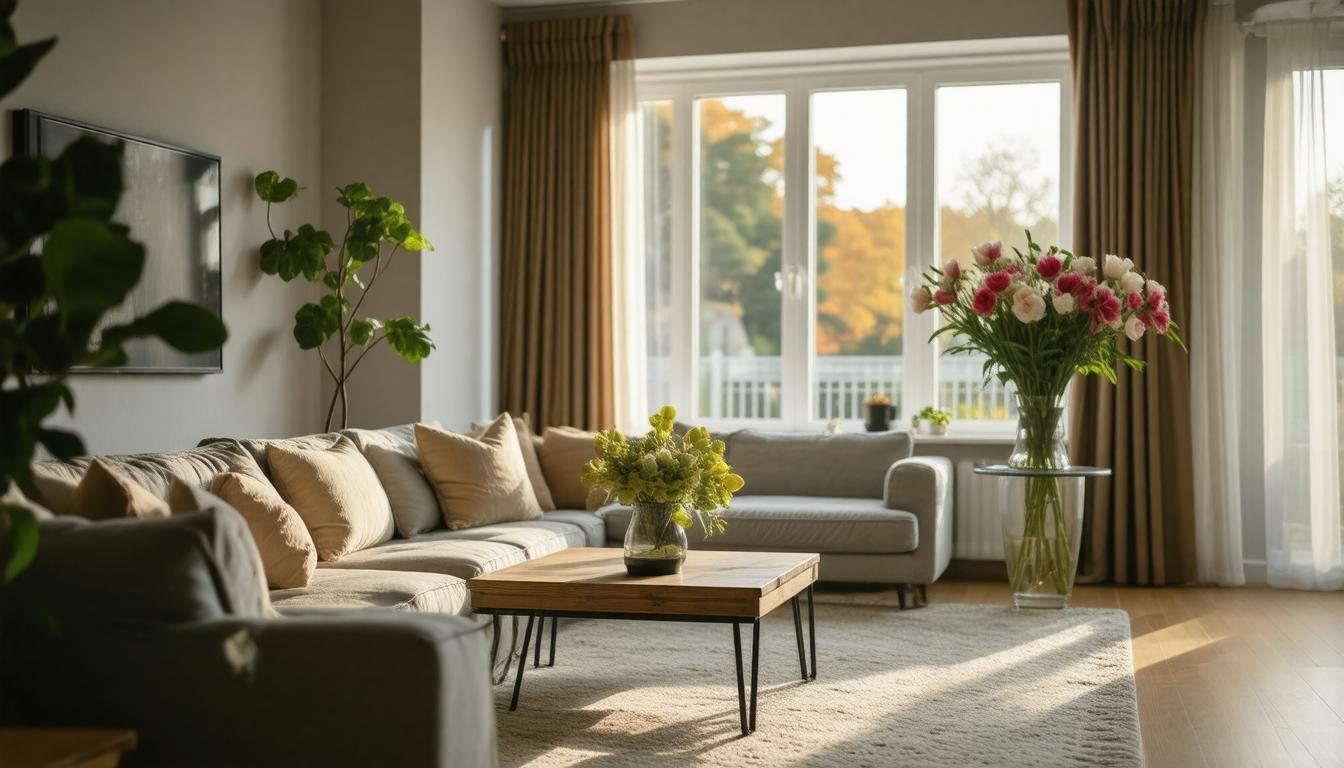 A living room filled with furniture and a vase of flowers.