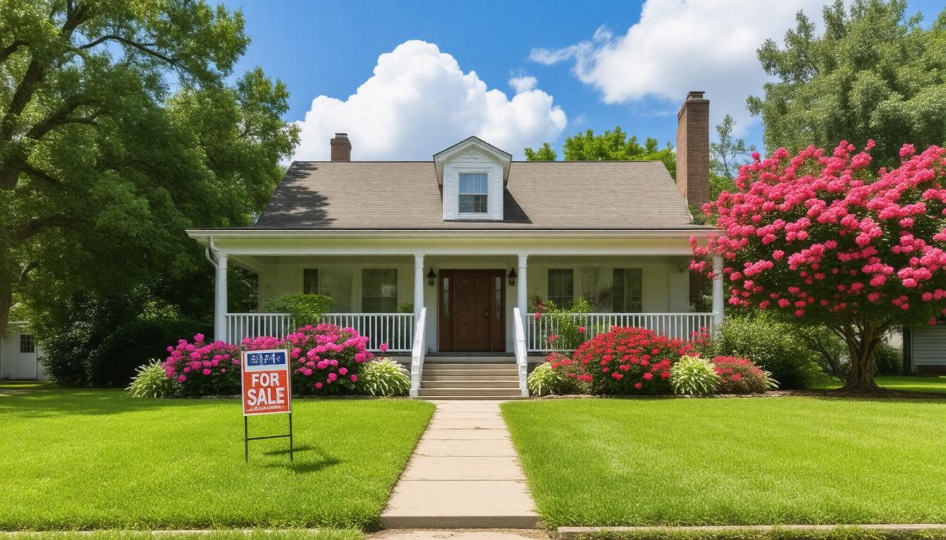A house with a for sale sign in front of it.