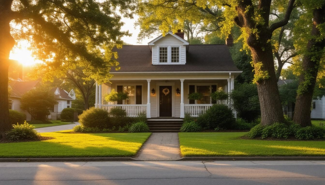 A white house with a porch and trees in front of it on a sunny day