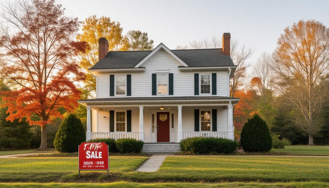 A white house with a red for sale sign in front of it.