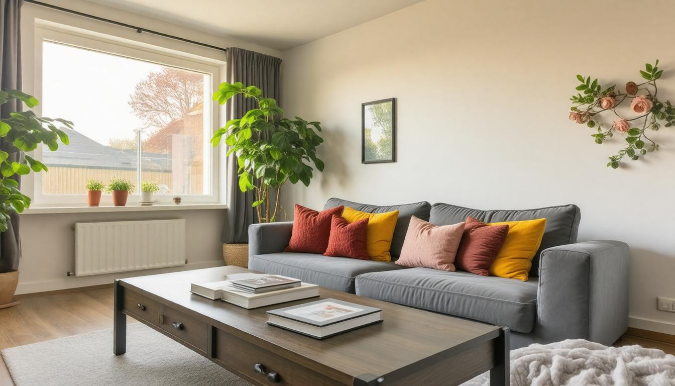 A living room with a couch , coffee table , and window.