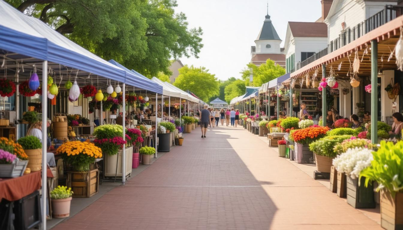 A row of tents selling flowers and vegetables on a sidewalk