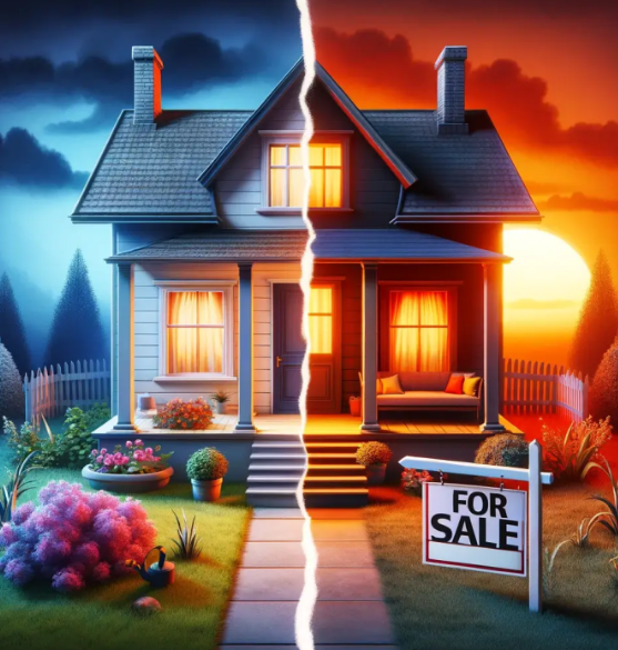 A house with a for sale sign in front of i