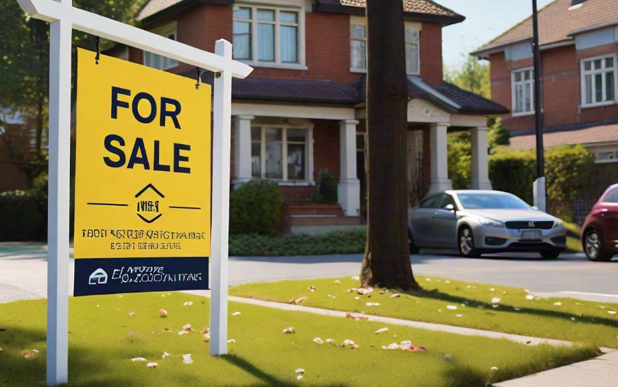 A yellow for sale sign is in front of a brick house.