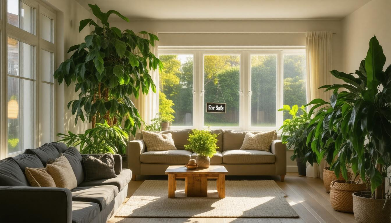 A living room filled with furniture and lots of potted plants.