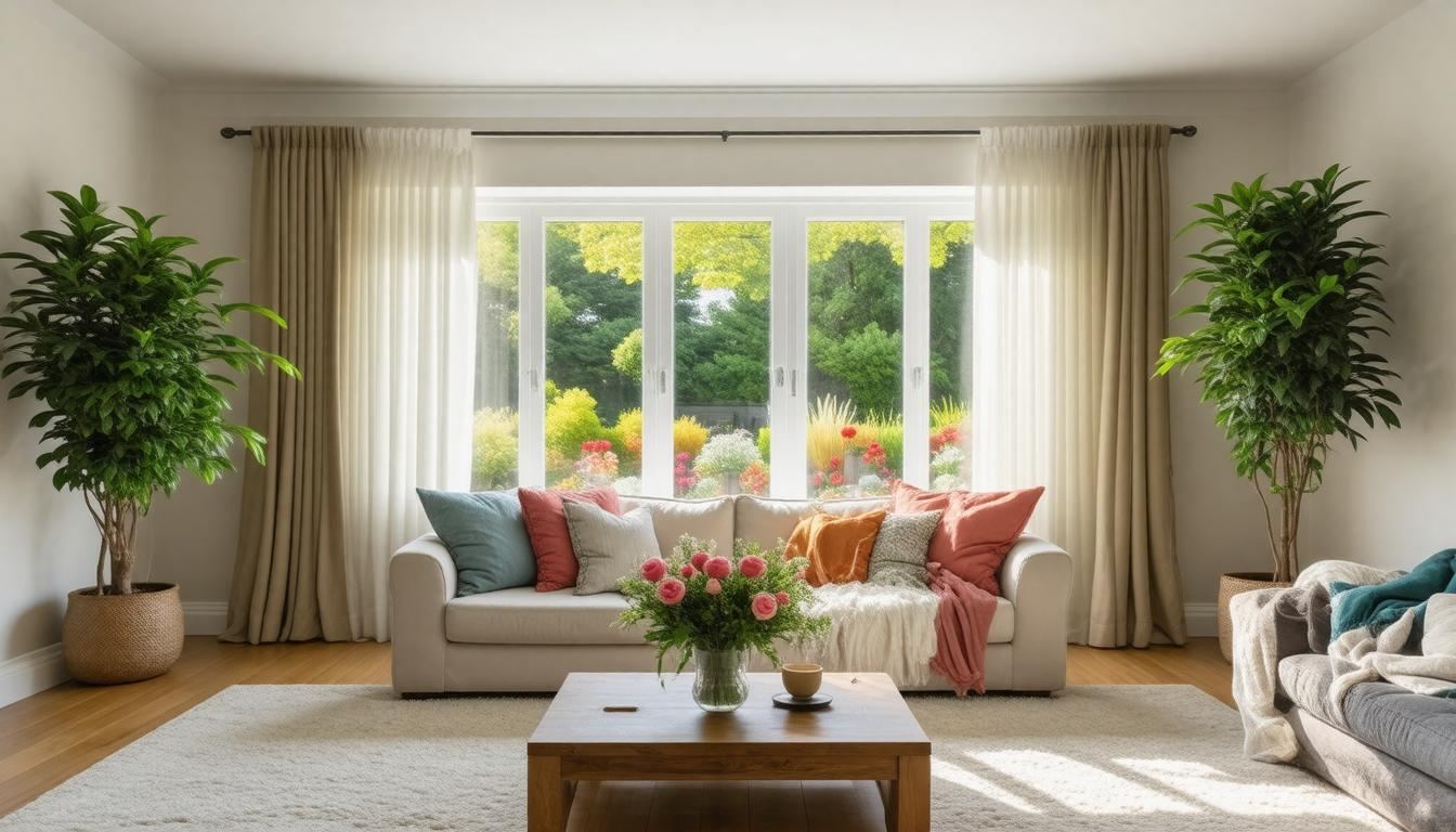 A living room with a couch , coffee table , and two potted plants.