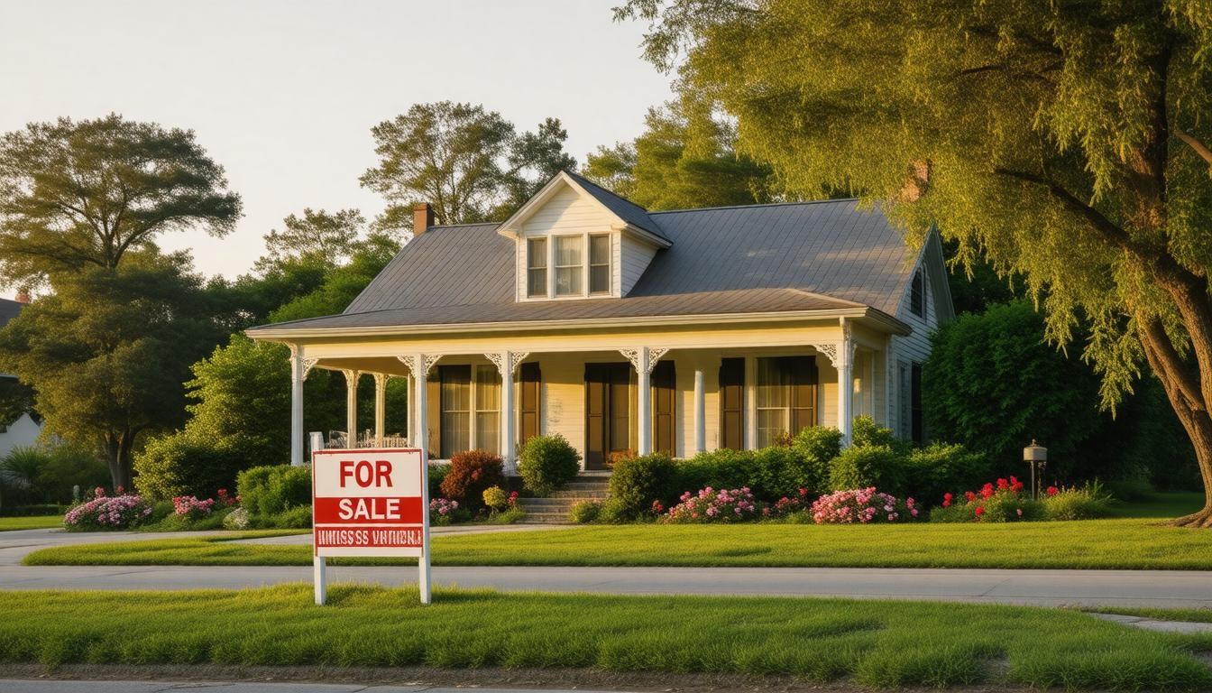A house with a for sale sign in front of it