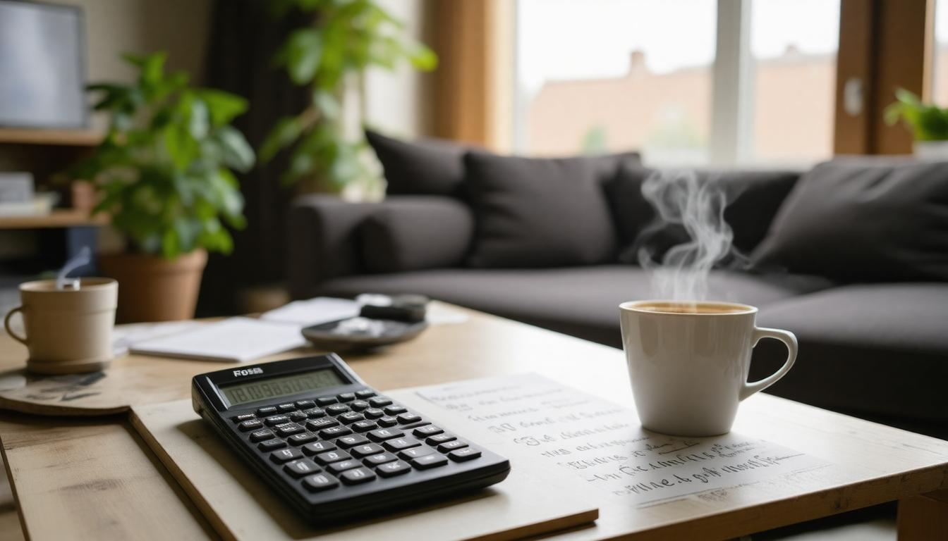 A calculator and a cup of coffee are on a table in a living room.