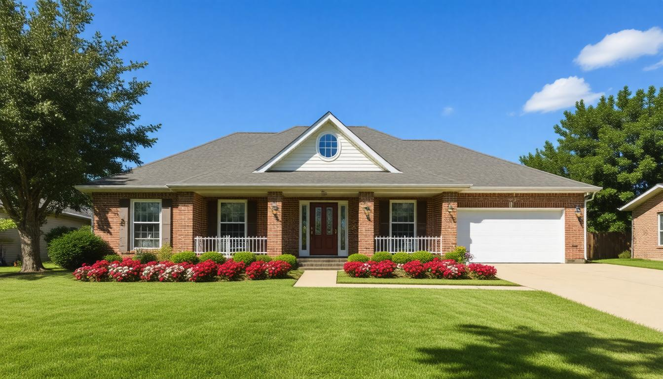 A large brick house with a white garage door and a lush green lawn.