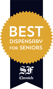 Award badge saying best dispensary for seniors from SF Chronicle