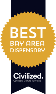 Gold star-shaped award on navy background reads Best Bay Area Dispensary
